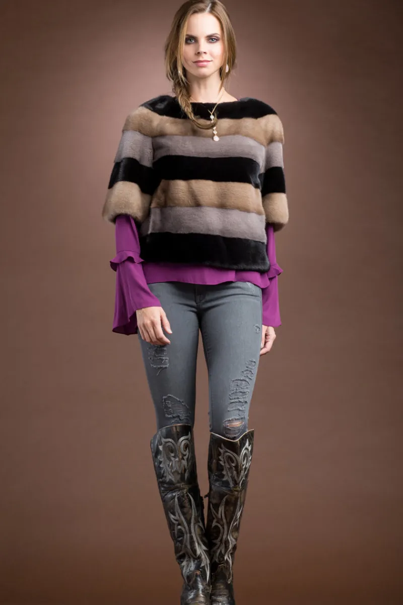 Discount Tri - Color Horizontal Mink Fur Pull - Over with Side Zipper Women Fur Jackets