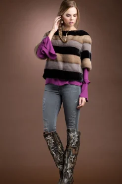 Discount Tri - Color Horizontal Mink Fur Pull - Over with Side Zipper Women Fur Jackets