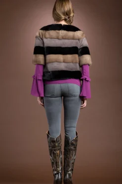 Discount Tri - Color Horizontal Mink Fur Pull - Over with Side Zipper Women Fur Jackets