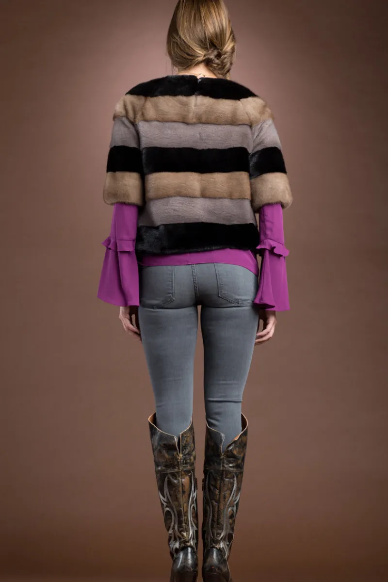 Discount Tri - Color Horizontal Mink Fur Pull - Over with Side Zipper Women Fur Jackets